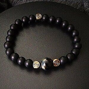 Rustic Unisex Goth ~ Black + Bronze Beaded Stretch Bracelet - Fits 7-7.5" Wrists